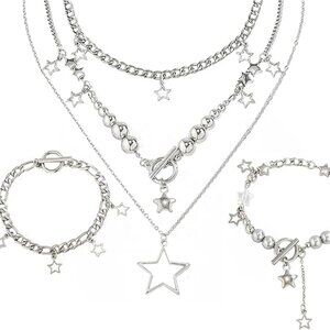 Y2K Jewellery Set Silver Star Necklace Y2K Grunge Jewellery